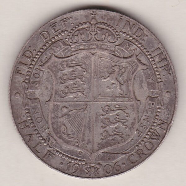 1906 Silver Halfcrown coin featuring king Edward VII on the Obverse. The Reverse features a crowned quartered shield of arms.