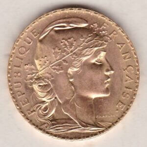 1908 France Gold Twenty Francs features the bust of Marianne, France's national symbol on the Obverse. The rooster is on the Reverse.