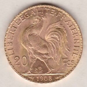 1908 France Gold Twenty Francs features the bust of Marianne, France's national symbol on the Obverse. The rooster is on the Reverse.