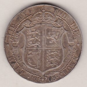 1908 Silver Halfcrown coin featuring king Edward VII on the Obverse. The Reverse features a crowned quartered shield of arms.