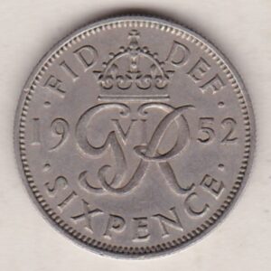 1952 Cupro Nickel Sixpence coin featuring the uncrowned portrait of King George VI. The reverse features the crowned royal cypher dividing the date.