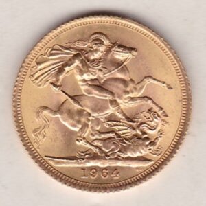 1964 Gold Sovereign Coin featuring the first portrait of Queen Elizabeth II on the Obverse. St George and the Dragon on the Reverse.