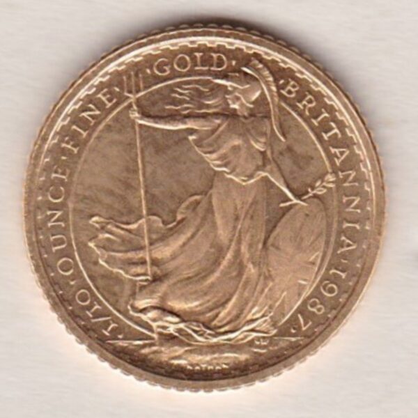 1987 Gold Tenth Ounce Britannia coin featuring Queen Elizabeth II on the Obverse. The standing Britannia holding a trident features on the Reverse.