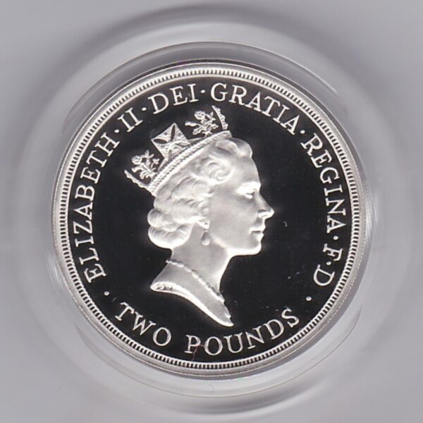 1995 Two Pounds Piedfort Silver Proof Coin. This double thickness coin was issued by the royal mint and includes the original box and certificate.