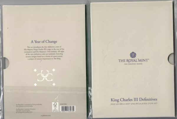 2023 Royal Mint Definitives Set. This 2023 Charles III set comes still sealed in the cellophane packet as issued by the Royal Mint. 