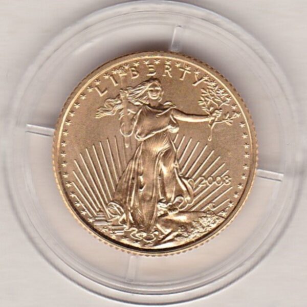 Gold USA Tenth Ounce Eagle. Investment tenth ounce gold coin featuring Liberty with the year to the right on the Obverse. The Eagle on the Reverse.