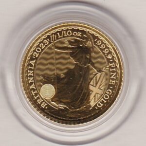 2023 Gold Tenth Ounce Britannia coin featuring King Charles III on the Obverse. The standing Britannia holding a trident features on the Reverse.