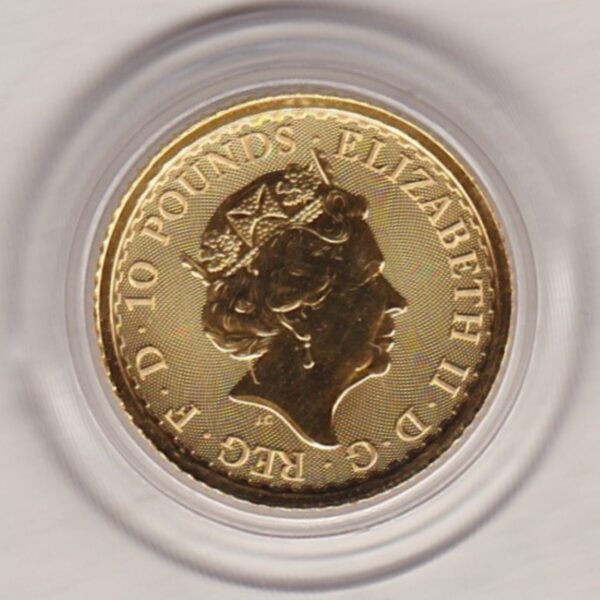 Gold One Tenth Ounce Britannia coin featuring Queen Elizabeth II on the Obverse. The standing Britannia holding a trident features on the Reverse.