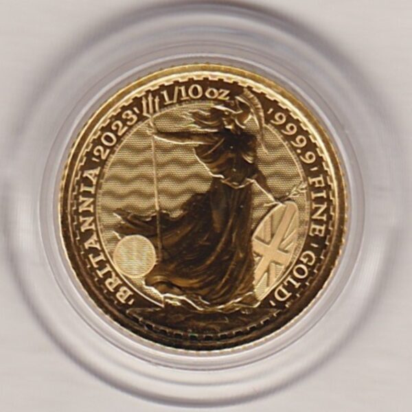 Gold One Tenth Ounce Britannia coin featuring Queen Elizabeth II on the Obverse. The standing Britannia holding a trident features on the Reverse.