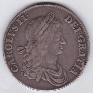 1663 Silver Crown Coin featuring the first bust of King Charles II on the Obverse and the crowned cruciform of shields on the reverse.