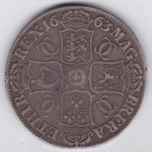 1663 Silver Crown Coin featuring the first bust of King Charles II on the Obverse and the crowned cruciform of shields on the reverse.