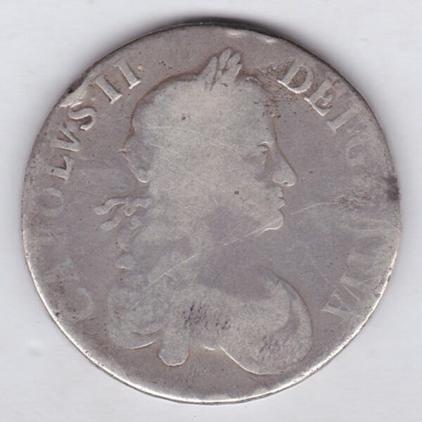 1666 Silver Crown Coin featuring the second bust of King Charles II on the Obverse and the crowned cruciform of shields on the reverse.