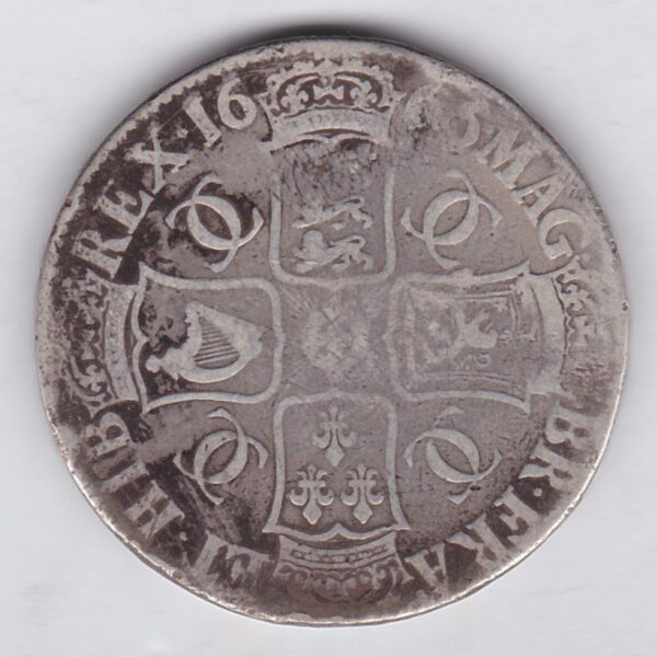 1666 Silver Crown Coin featuring the second bust of King Charles II on the Obverse and the crowned cruciform of shields on the reverse.