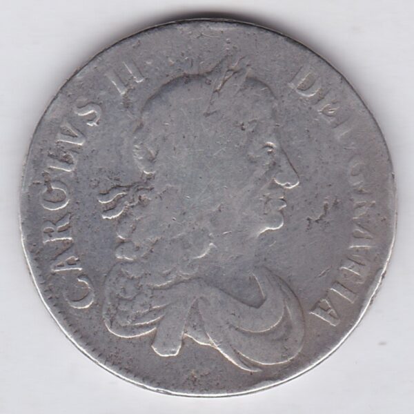 1670 Silver Crown Coin featuring the second bust of King Charles II on the Obverse and the crowned cruciform of shields on the reverse.