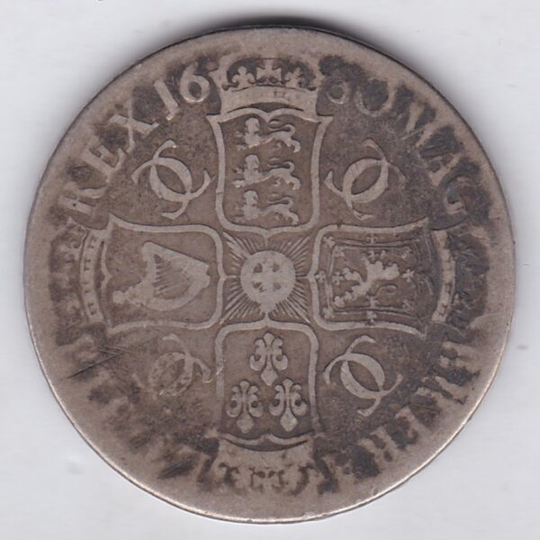 1680 Silver Crown Coin featuring the bust of King Charles II on the Obverse and the crowned cruciform of shields on the reverse.