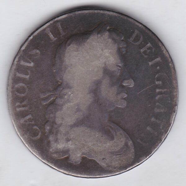 1682 Silver Crown Coin featuring the fourth bust of King Charles II on the Obverse and the crowned cruciform of shields on the reverse.