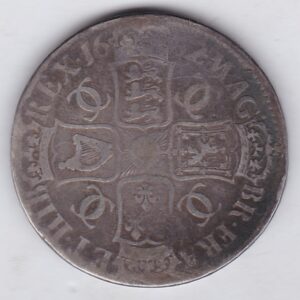 1682 Silver Crown Coin featuring the fourth bust of King Charles II on the Obverse and the crowned cruciform of shields on the reverse.