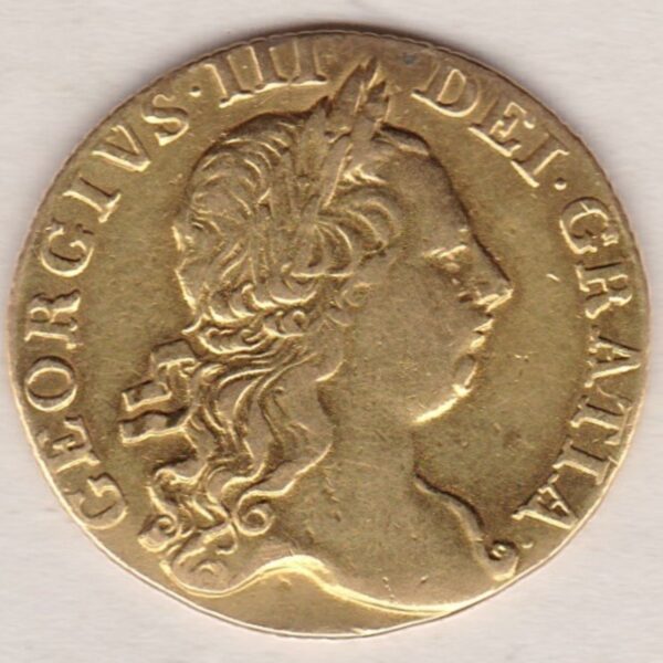 1768 Gold Guinea Coin featuring the third laureate head portrait of King George III on the obverse. The crowned quartered shield on the reverse.