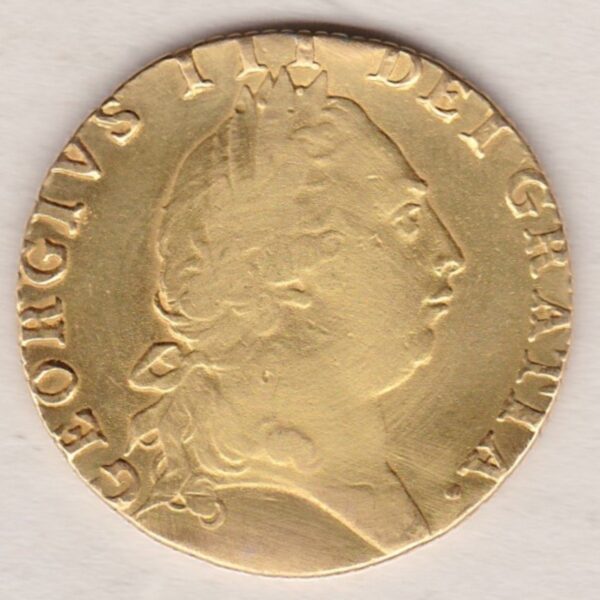 1792 Gold Guinea Coin featuring the fifth laureate head portrait of King George III on the obverse. The spade-shaped shield design is on the reverse.