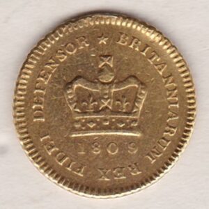 1809 Gold Third Guinea Coin featuring the laureate head portrait of King George III on the obverse. The reverse central crown with legend around and date.