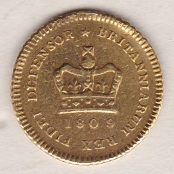 1809 Gold Third Guinea Coin featuring the laureate head portrait of King George III on the obverse. The reverse central crown with legend around and date.