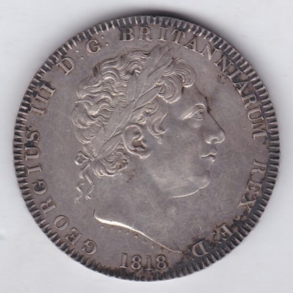 1818 LIX Silver Crown Coin featuring King George III on the Obverse and the St George slaying the dragon design on the reverse.