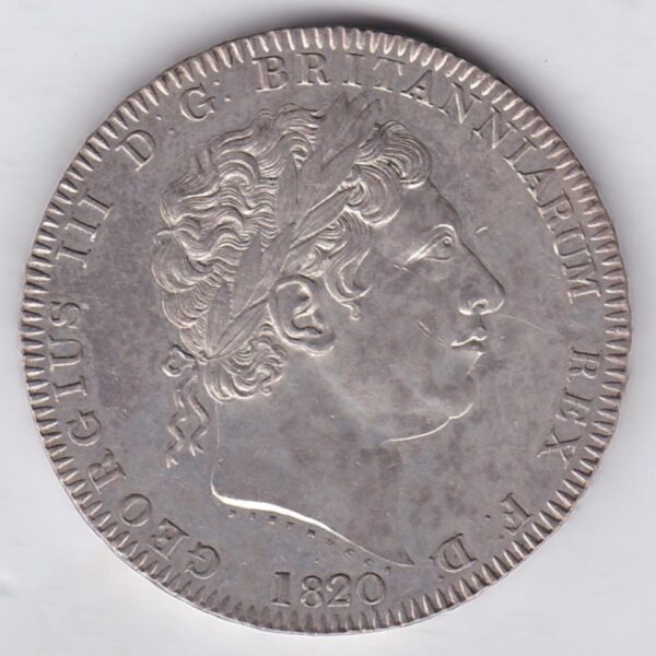 1820 LX Silver Crown Coin featuring King George III on the Obverse and the St George slaying the dragon design on the reverse.