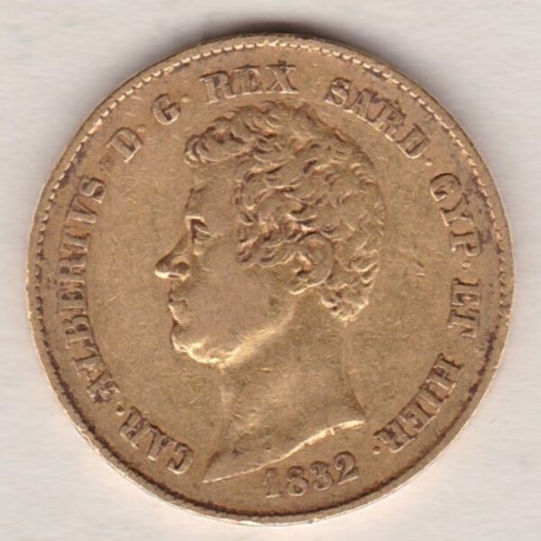 1832 Sardinia Italy Gold Twenty Lire coin featuring King Carlo Alberto on the obverse. The crowned Savoy shield of arms on the reverse.