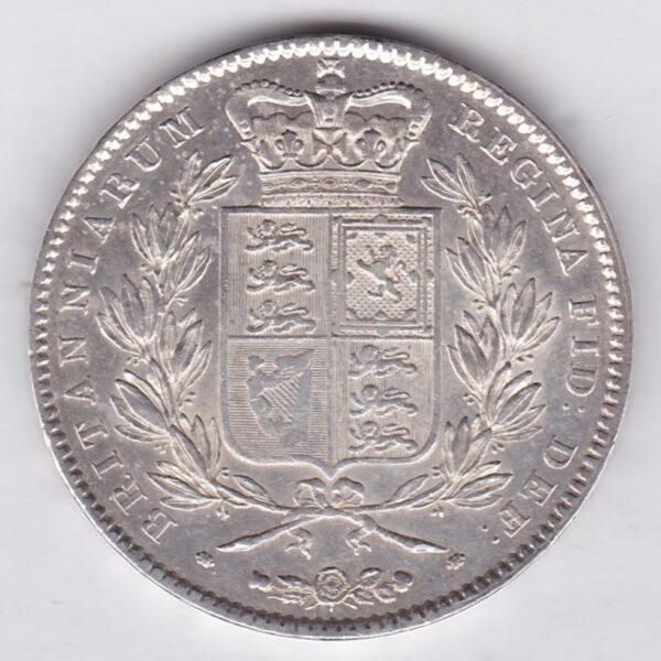 1845 cinquefoil Silver Crown Coin featuring Queen Victoria Young head on the Obverse and the Shield design on the reverse.