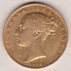 1845 Gold Sovereign Coin. The coin features a young head queen Victoria on the Obverse and the collectable shield design on the Reverse.