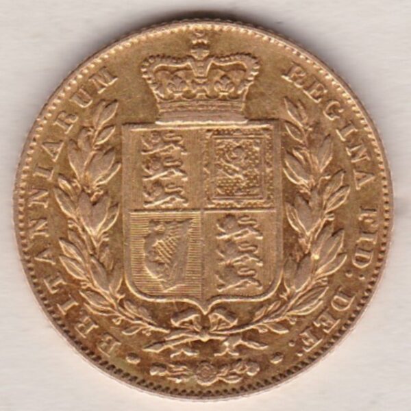 1845 Gold Sovereign Coin. The coin features a young head queen Victoria on the Obverse and the collectable shield design on the Reverse.