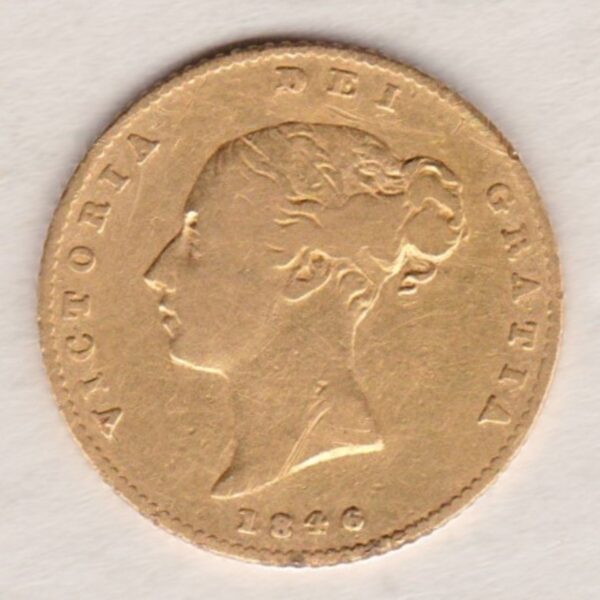 1846 Gold Half Sovereign Coin featuring Queen Victoria Young Head on the Obverse and the shield design on the Reverse in good fine condition.