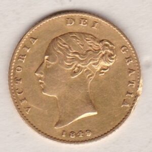 1849 Gold Half Sovereign Coin featuring Queen Victoria Young Head on the Obverse and the shield design on the Reverse in good very fine condition.