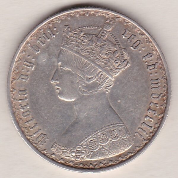 1852 Silver Gothic Florin. The Obverse features a crowned bust of Queen Victoria. The Reverse features a shield with denomination.