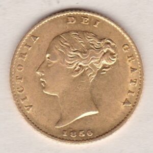 1856 Gold Half Sovereign Coin featuring Queen Victoria Young Head on the Obverse and the shield design on the Reverse in mint condition.