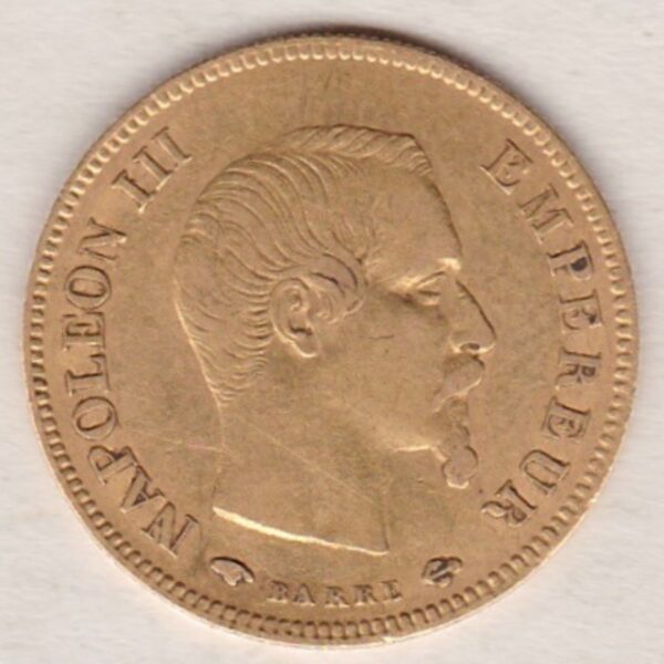 1857 A France Gold Ten Francs coin featuring Napoleon III on the Obverse. A wreath of laurels, date and mint mark on the Reverse.