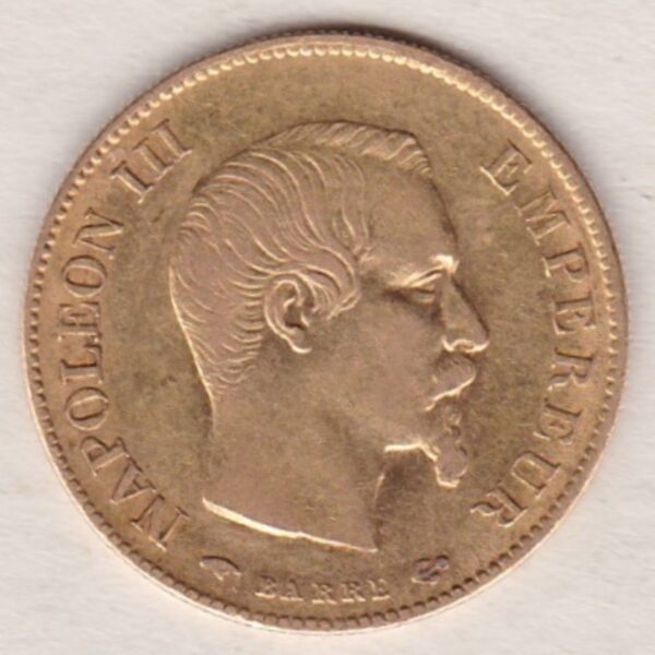 1858 A France Gold Ten Francs coin featuring Napoleon III on the Obverse. A wreath of laurels, date and mint mark on the Reverse.