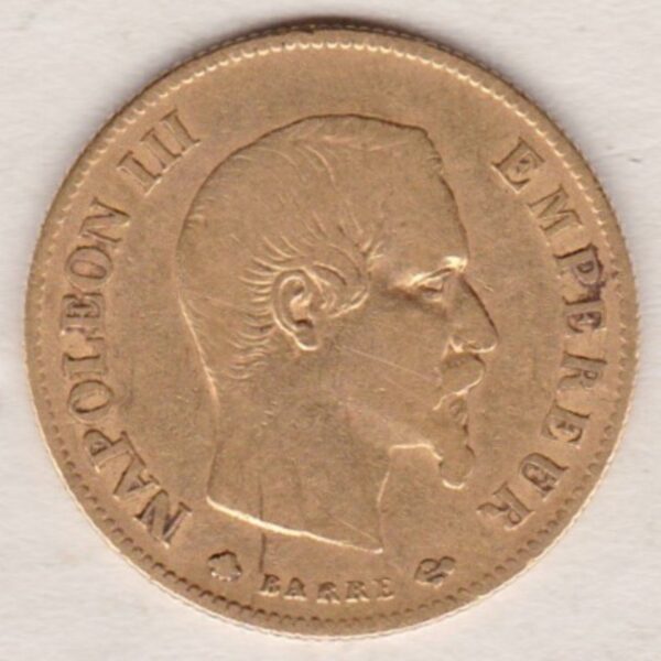 1860 BB France Gold Ten Francs coin featuring Napoleon III on the Obverse. A wreath of laurels, date and mint mark on the Reverse.