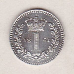 1861 Silver Maundy Penny coin featuring King George III on the obverse. A central crowned denomination above the date on the reverse.