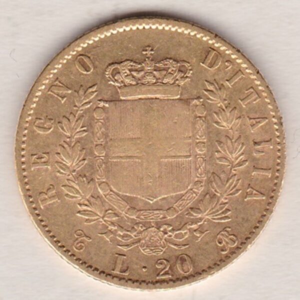 1863 T BN Italy Gold Twenty Lire coin featuring King Vittorio Emanuele II on the obverse. The crowned Savoy shield of arms on the reverse.