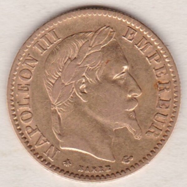 1864 A France Gold Ten Francs coin featuring Napoleon III on the Obverse. A wreath of laurels, date and mint mark on the Reverse.