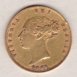 1866 Gold Half Sovereign Coin featuring Queen Victoria Young Head on the Obverse and the shield design on the Reverse with die number 4.