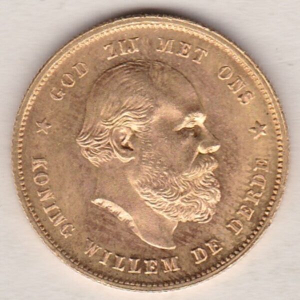 1877 Netherlands Gold Ten Gulden coin. The obverse features the portrait of King Willem III. The reverse features the crowned lion.