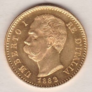 1882 R Italy Gold Twenty Lire coin featuring King Umberto I on the obverse. The crowned Savoy shield of arms on the reverse.