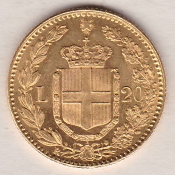 1882 R Italy Gold Twenty Lire coin featuring King Umberto I on the obverse. The crowned Savoy shield of arms on the reverse.