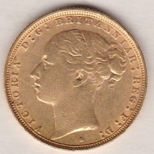 1886 S Gold Sovereign Coin featuring Queen Victoria Young Head on the Obverse and St George & the Dragon on the Reverse. Sydney Mint.