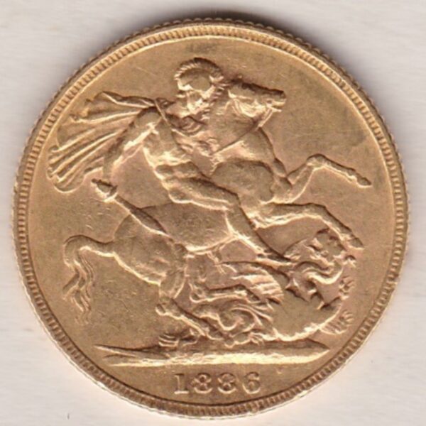 1886 S Gold Sovereign Coin featuring Queen Victoria Young Head on the Obverse and St George & the Dragon on the Reverse. Sydney Mint.