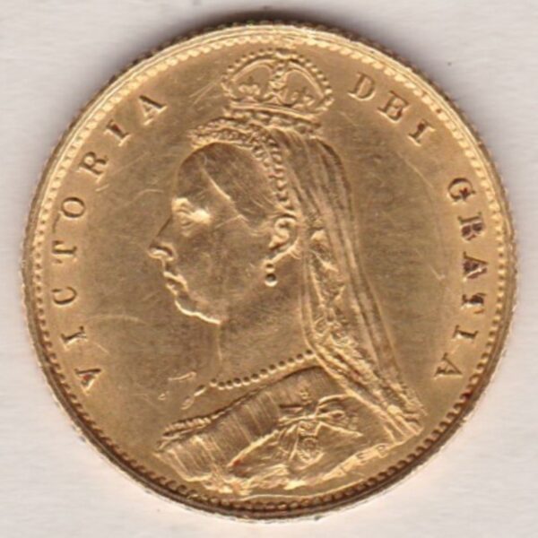 1887 Gold Half Sovereign Coin featuring Queen Victoria Jubilee Head on the Obverse and the shield design on the Reverse in EF condition.