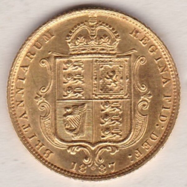 1887 Gold Half Sovereign Coin featuring Queen Victoria Jubilee Head on the Obverse and the shield design on the Reverse in EF condition.