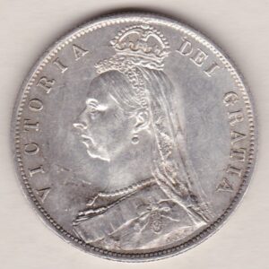 1887 Silver Halfcrown coin featuring the Jubilee head of Queen Victoria on the Obverse. The shield of royal arms completes the Reverse design.